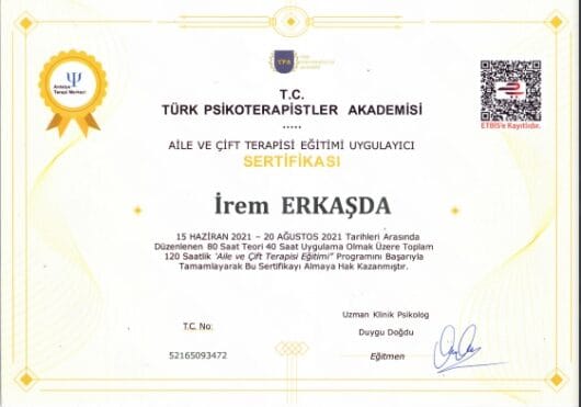 Aile ve Çift Terapisi Uygulayıcı Eğitimi Sertifikası - Psikolog İrem Erkaşda