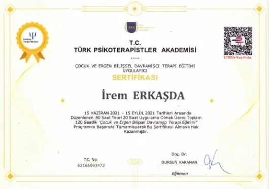 Çocuk ve Ergen Bilişsel Davranışçı Terapi Sertifikası - İrem Erkaşda