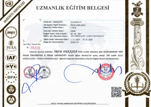 Uluslararası Aile Psikolojisi Uzmanlık Sertifikası - Psikolog İrem Erkaşda