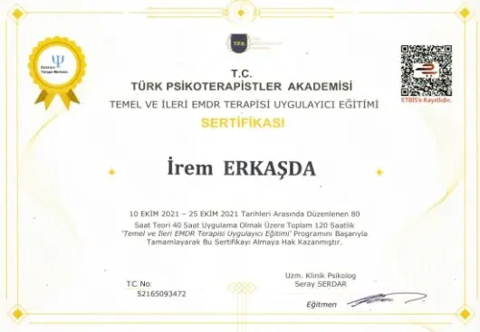 Temel ve İleri Düzey EMDR Terapisi Uygulayıcı Sertifikası - Psikolog İrem Erkaşda