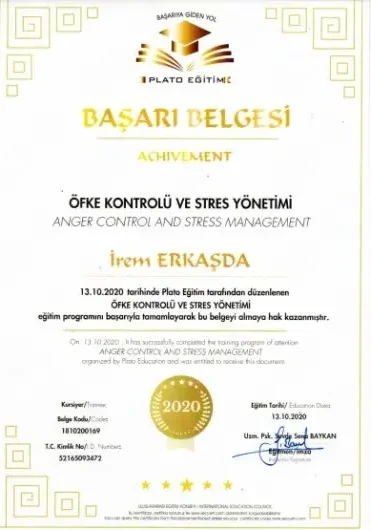 Öfke Kontrolü ve Stres Yönetimi Eğitimi Başarı Belgesi