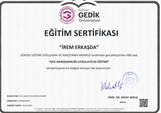MEB Onaylı Aile Danışmanlığı Eğitimi Sertifikası - Psikolog İrem Erkaşda